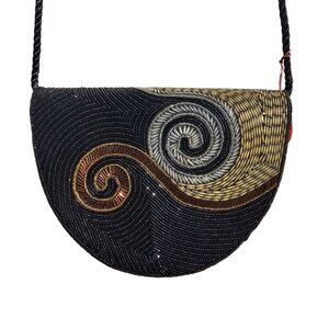 Walborg Vintage Beaded Crossbody Purse With Swirl Design Black Gold Silver